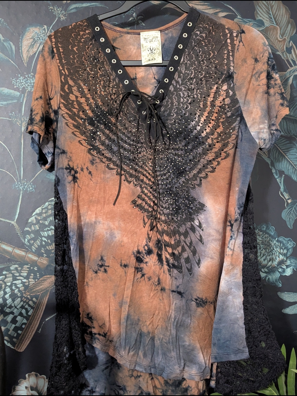 Y2K Vocal USA Rhinestone Eagle Wing Tie Dye Lace Grunge Top L